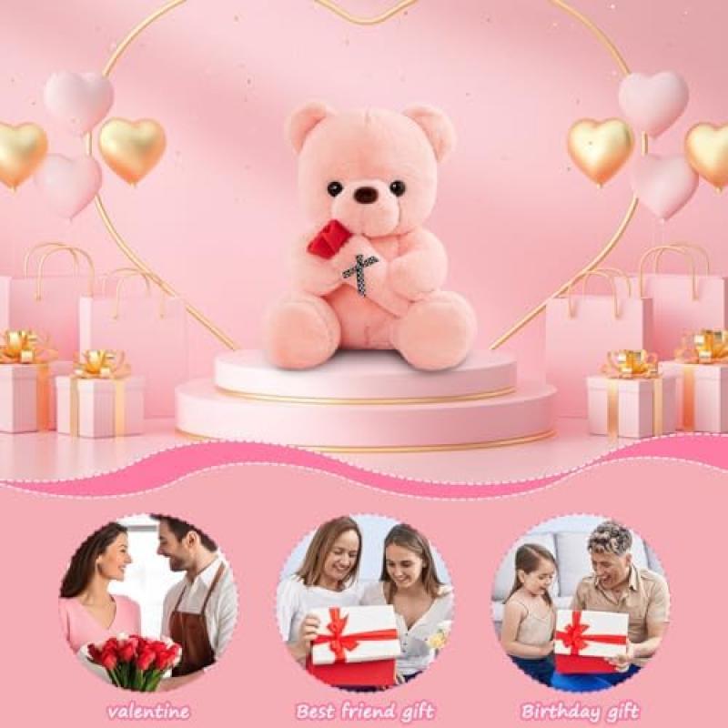 RANJIMA Teddy Bear with Rose, 35cm Pink Plush Stuffed Animal Toy Pillow Birthday Valentine's Day Gift for Girlfriend Women