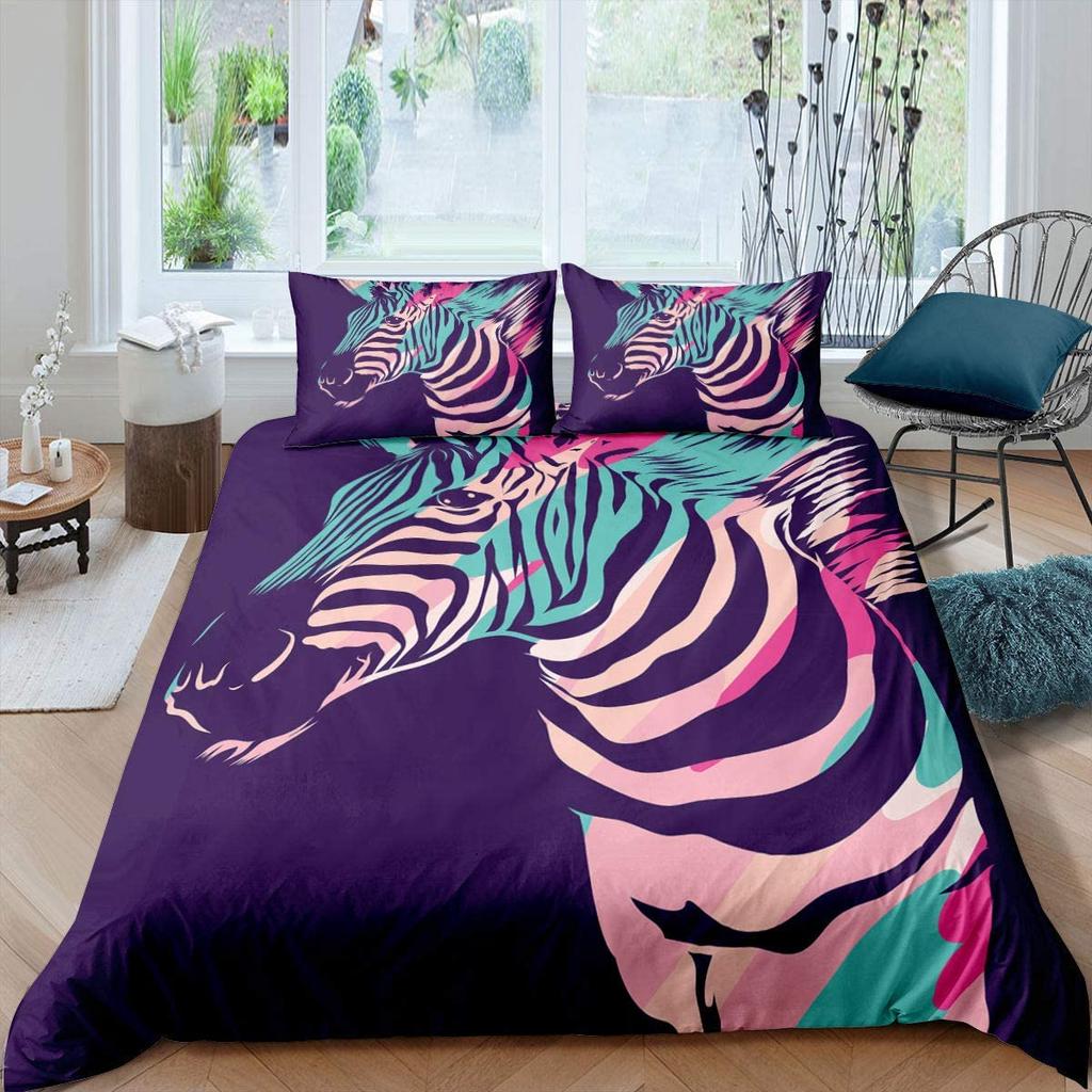 Zebra Duvet Cover Set King Queen Size Polyester Comforter Cover Black And White Stripe Wild Animals For Kids Teens Bedding Set