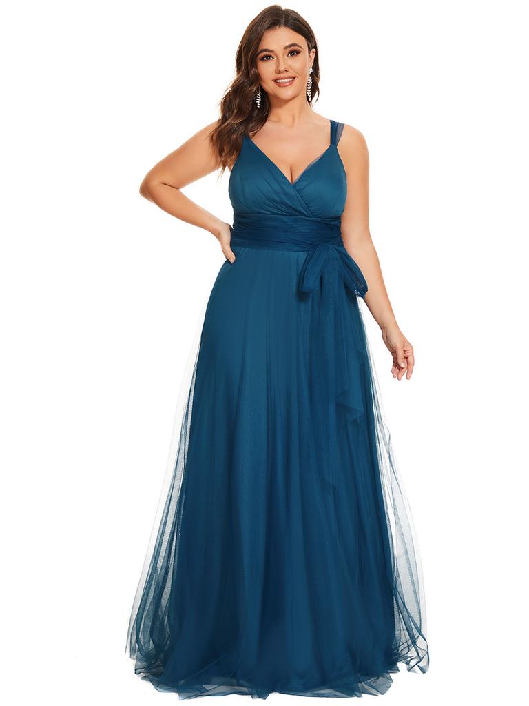 Ever-Pretty Brautjungfernkleider für Damen, V-Ausschnitt, bodenlang, A-Linie, Empire-Taille, lang, Tüll, Übergröße