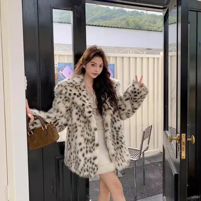 

Осенне-зимняя шуба с большим отворотом, имитация леопардового принта, шуба из плюша для женщин, женская одежда, шуба с рисунком кошки и горы S