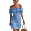 European and American Holiday Style One-word Shoulder Bubble Sleeve Dress Short Skirt Summer New Slim and Thin