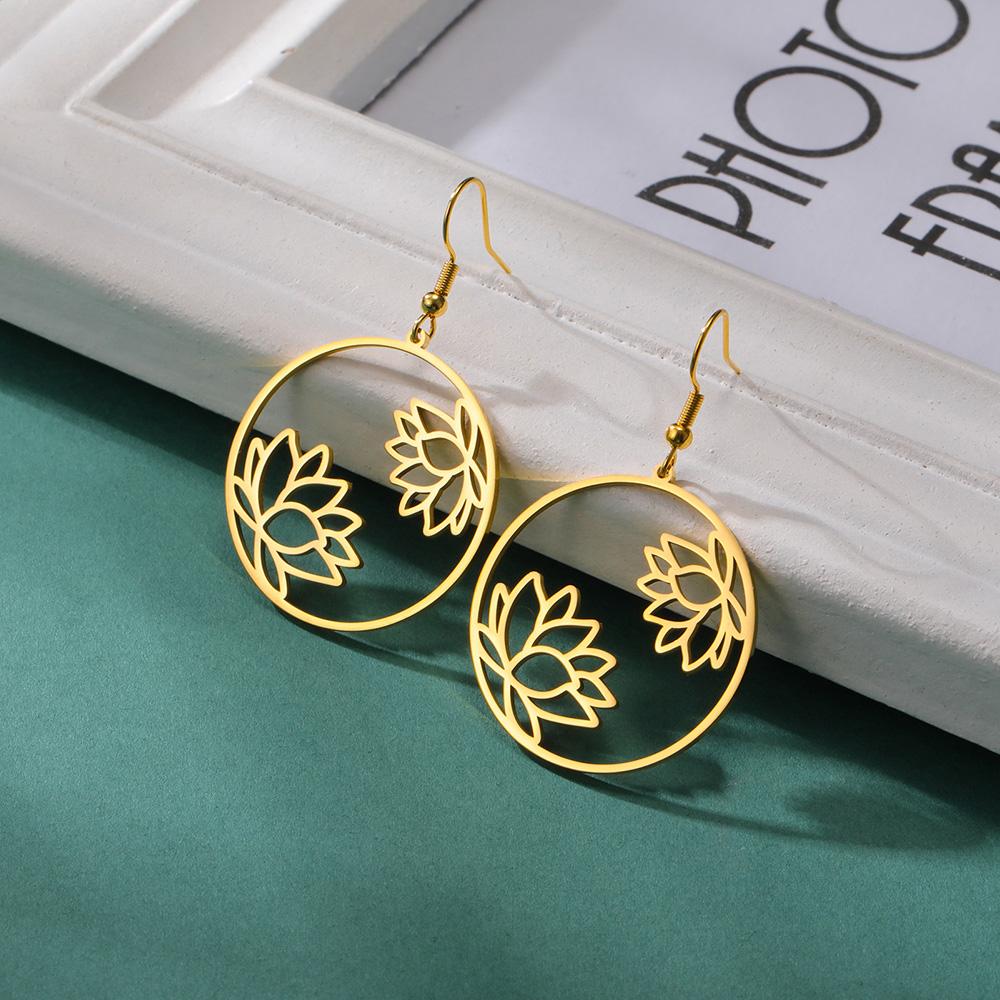 Dawapara Lotus Flower Dangle Earrings for Women Stainless Steel Round Flower Charm Yoga Jewelry Buddhist Spiritual Amulet