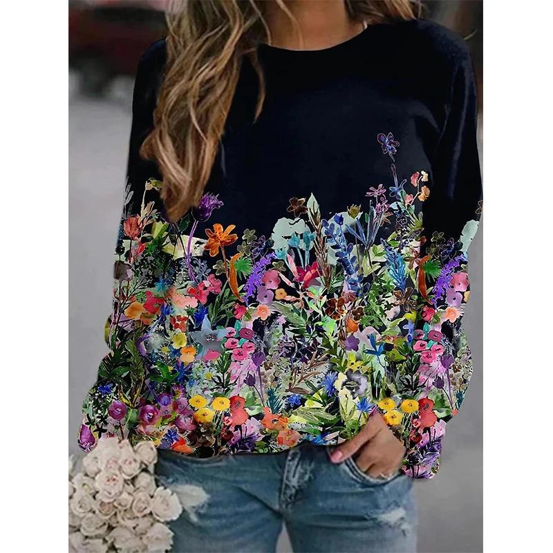 Harajuku New 3D Printing Colorful Flowers Sweatshirts Fashion Women Streetwear Pullovers Girls Winter Floral Graphic Top Clothes