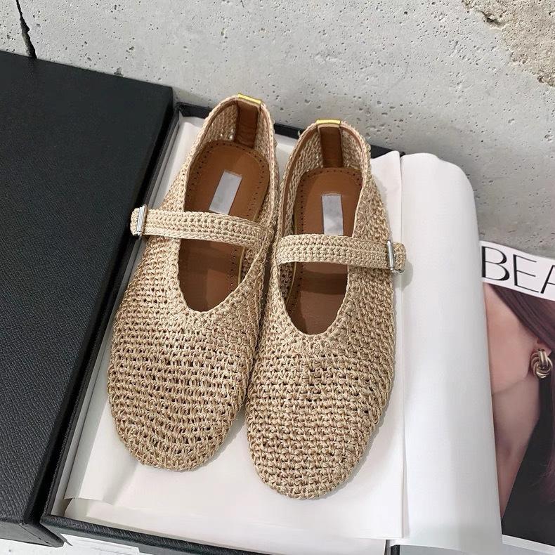 New Handmade Women Woven Flats Retro Baotou Sandals Shallow Mouth Flat Ballet Shoes Genuine Leather Mary Jane Shoes for Women
