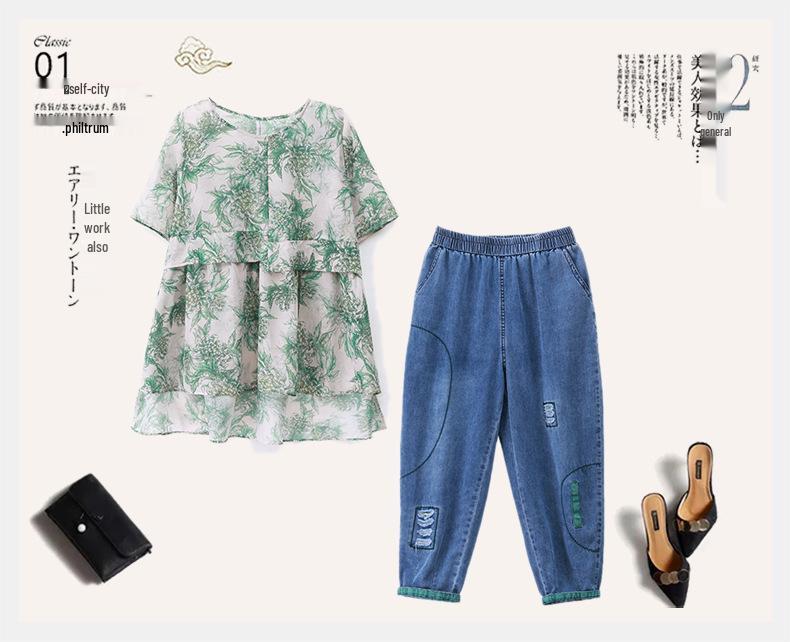 Women's Summer 2025 Casual Suit: Short Sleeve Fashionable Two-Piece Jeans Set for Middle-Aged Moms