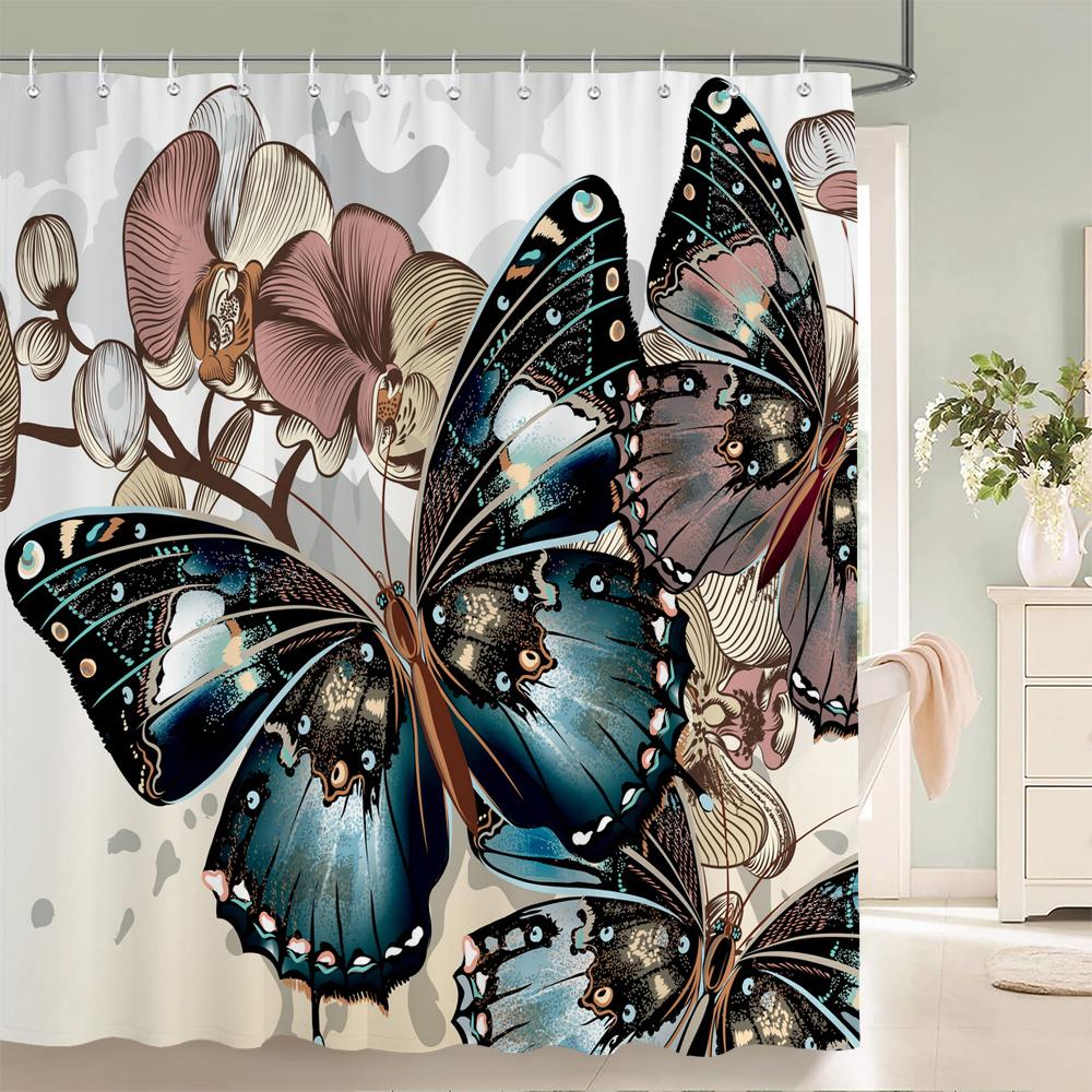

Beautiful Flowers Shower Curtain Butterfly Birds Printed Bathroom Curtains Polyester Fabric Home Decor Bathtub Screen with Hooks W90xH180cm