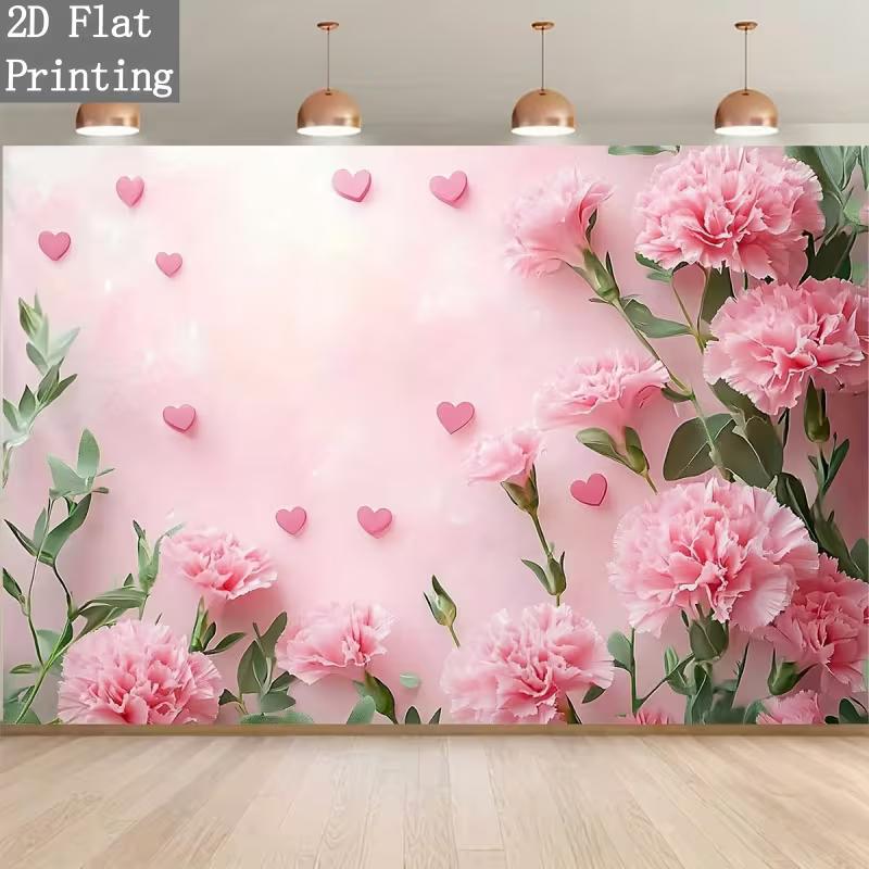2D Pink Carnation & Heart Backdrop Romantic Floral Photo Background 47.2x31.5inch/120*80cm