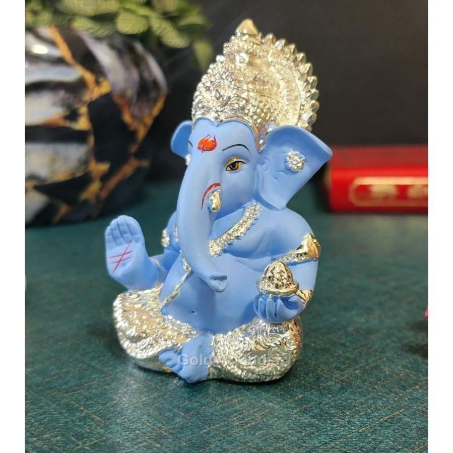 Silver Plated Idol for Ganesh Idol for Car Dashboard God Ganesha Idol for Home Decor Ganpati for Gift 3.5 inches (Silver) (Silver Sky Blue), Idol