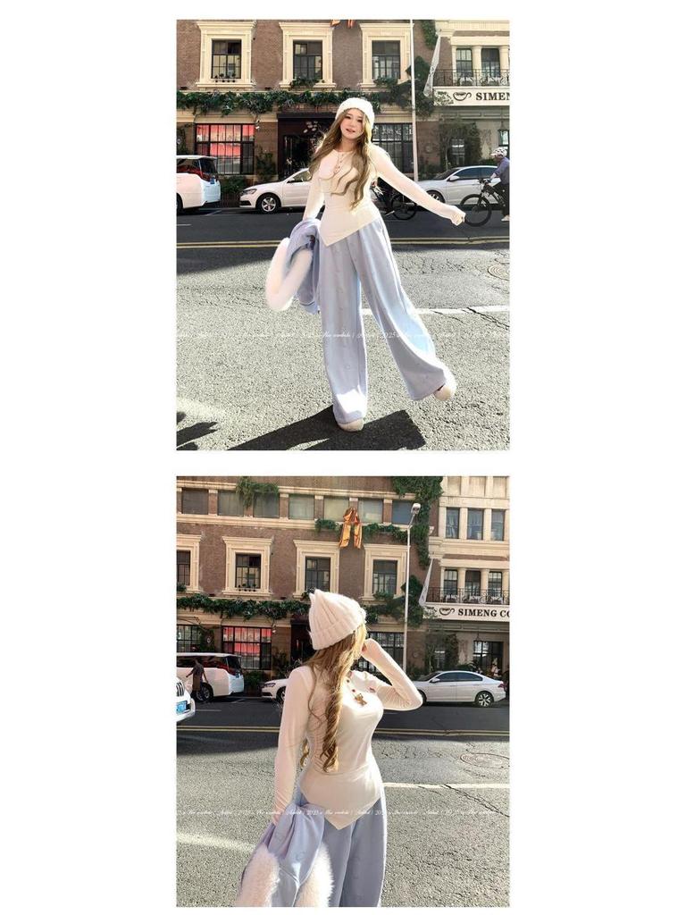 Annie's Kitty Embroidery Waist-Cinching Knit T-Shirt for Plus-Size Women - Slimming Long-Sleeved Top