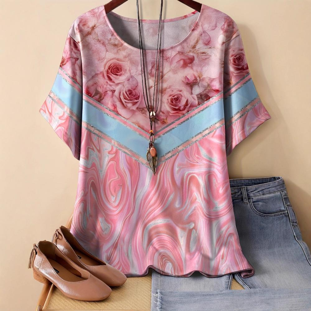 Summer Womens Retro Pattern 3D Printed Color Flowers T-shirt Loose Comfortable Soft Breathable Large Size Fashion O-neck T-shirt