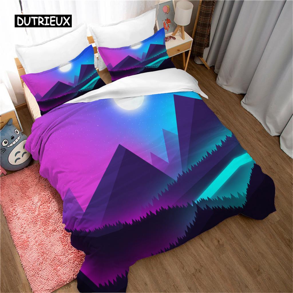 Bettbezug-Set mit Bergmotiv, Wald und helles Mondlicht, Elchlandschaft, Bergbettwäsche-Set, Kingsize, weicher Bettbezug aus Polyester