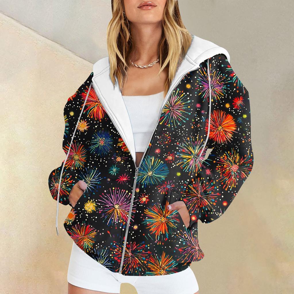 Women's Christmas Printed Sweatshirt  Winter Long Sleeve Cardigan Jacket With Pockets Zipper Hoodie Outerwear