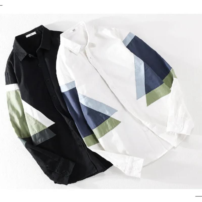 2024 New Fashion White Shirt Men Streetwear Youth Casual Long Sleeve Pure Cotton Shirt Stitching Design Men Tops Spring Loose Shirt