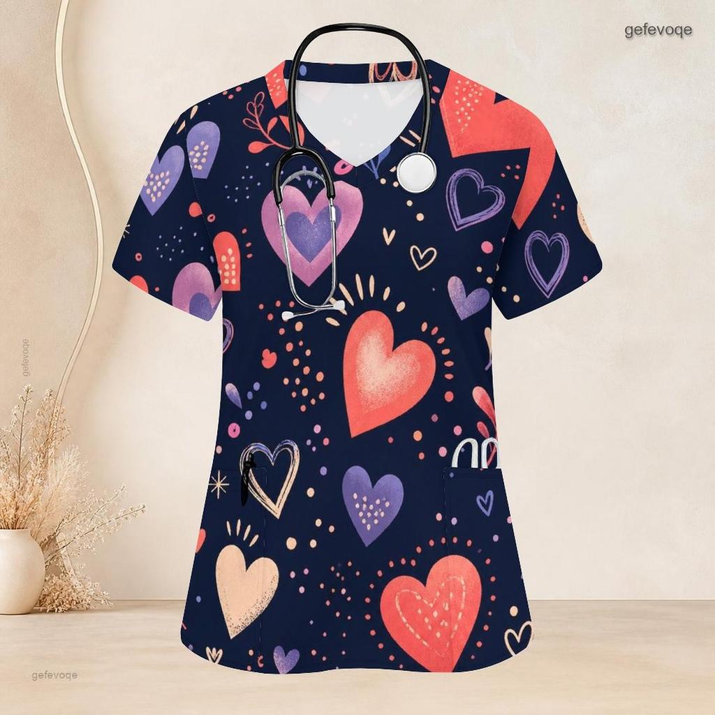 Women Plus Size V Neck Short Sleeve Scrub Top Pink Watercolor Heart Valentine Print Nurse Uniform Top