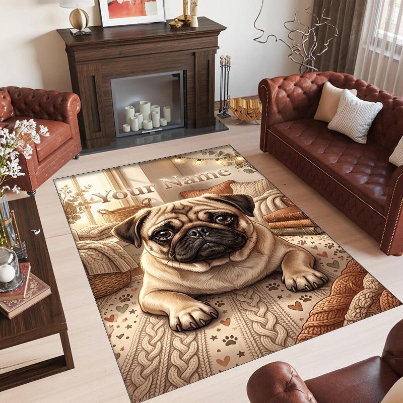 Pug Theme Crystal Velvet Floor Rug Personalized Custom Name Text Warm Carpet Home Decoration