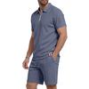 Men's Summer Breathable Waffle Knit Casual Loose Fit Two Piece Set Short Sleeve Polo Shirt with Zipper and Matching Shorts