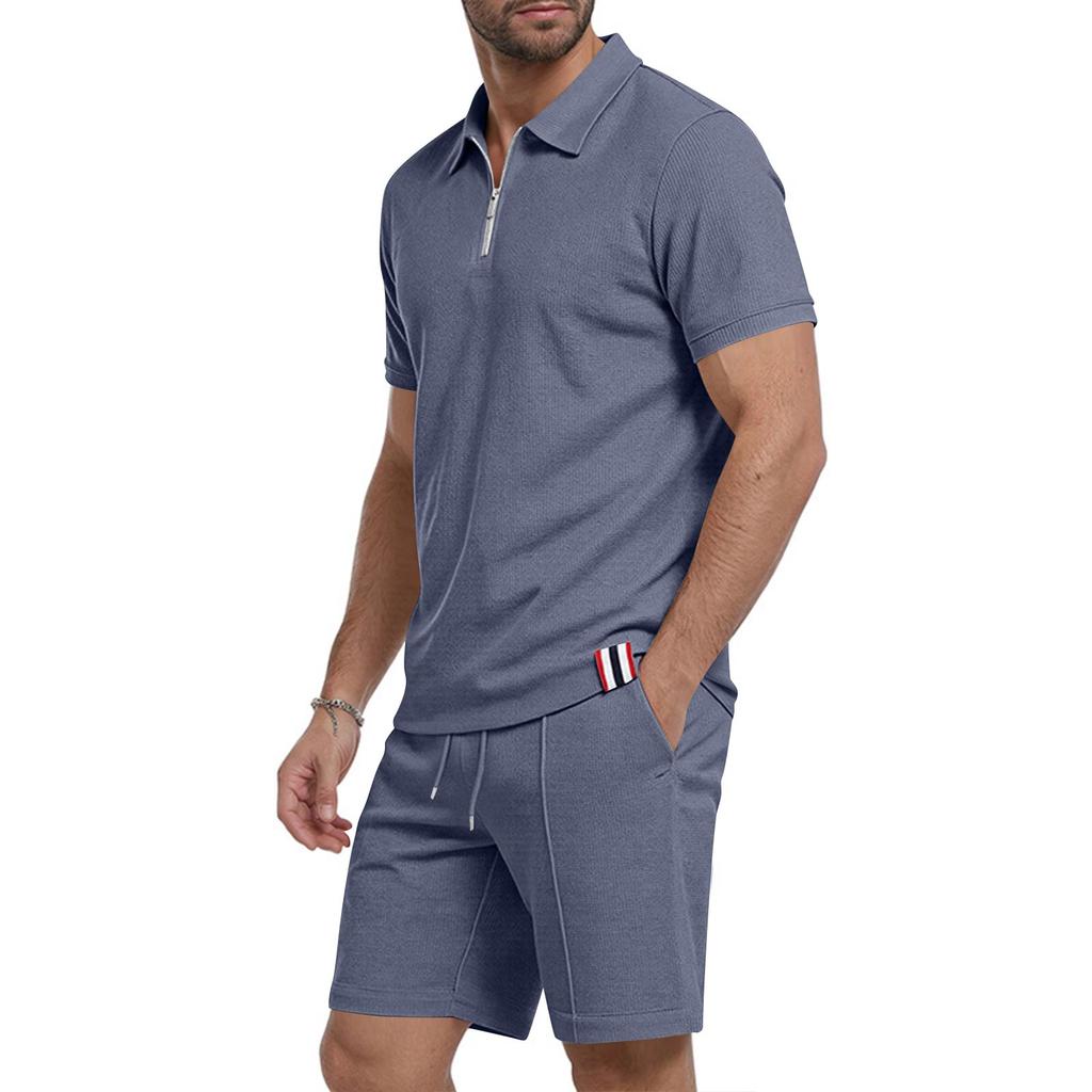 Men's Summer Breathable Waffle Knit Casual Loose Fit Two Piece Set Short Sleeve Polo Shirt with Zipper and Matching Shorts