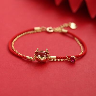 Delizioso Bracciale da Donna in Argento Sterling 925 con Zircone Dorato e Cordino Rosso