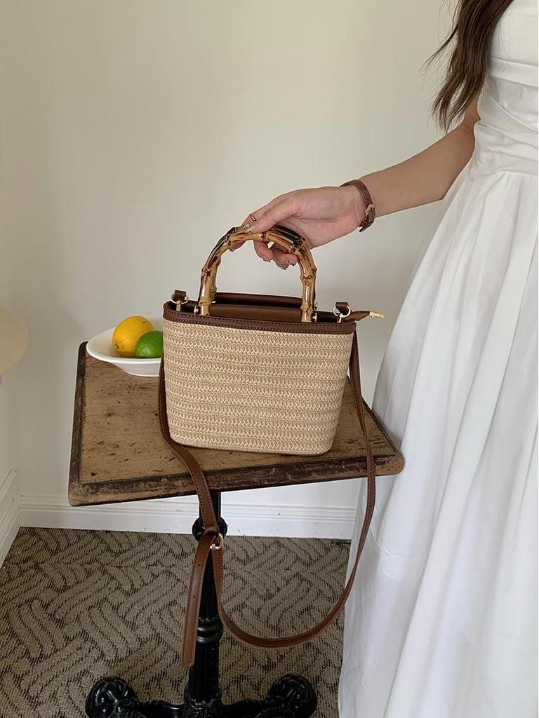 Summer 2025 Woven Straw Crossbody Handbag - Textured Small Bucket Bag for Women