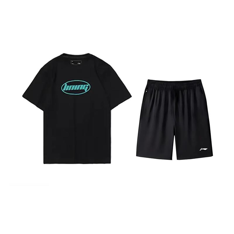 

Li-Ning Letter Print Fashion Loose Versatile Round Neck Short Sleeve T-Shirt Casual Sports Suit Unisex Tops AHST465-2+AKSV843-1 L