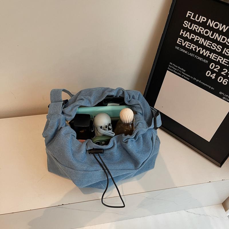 Large Capacity Drawstring Bucket Bag Women's Denim Crossbody Bag Commuter Shoulder Bag