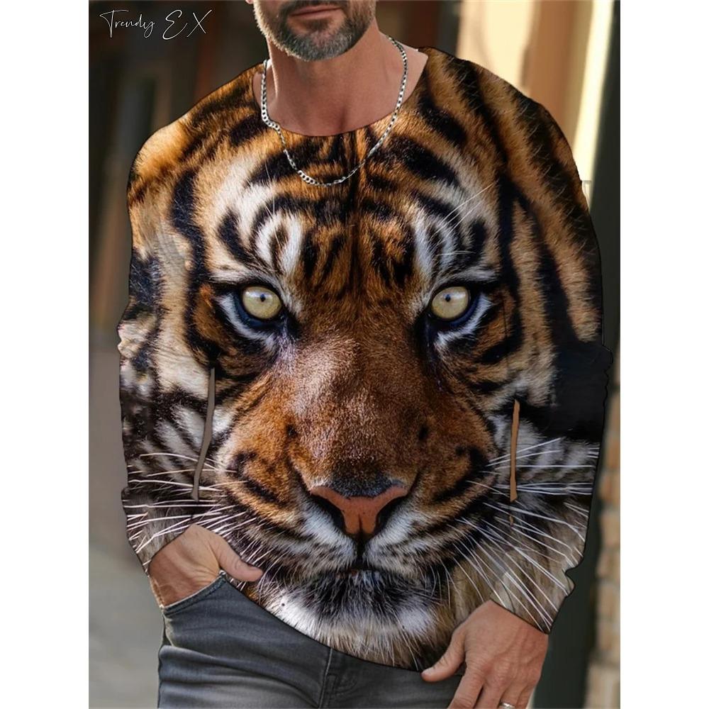 Hot selling 3D tiger print men's street trendy round neck long sleeved T-shirt