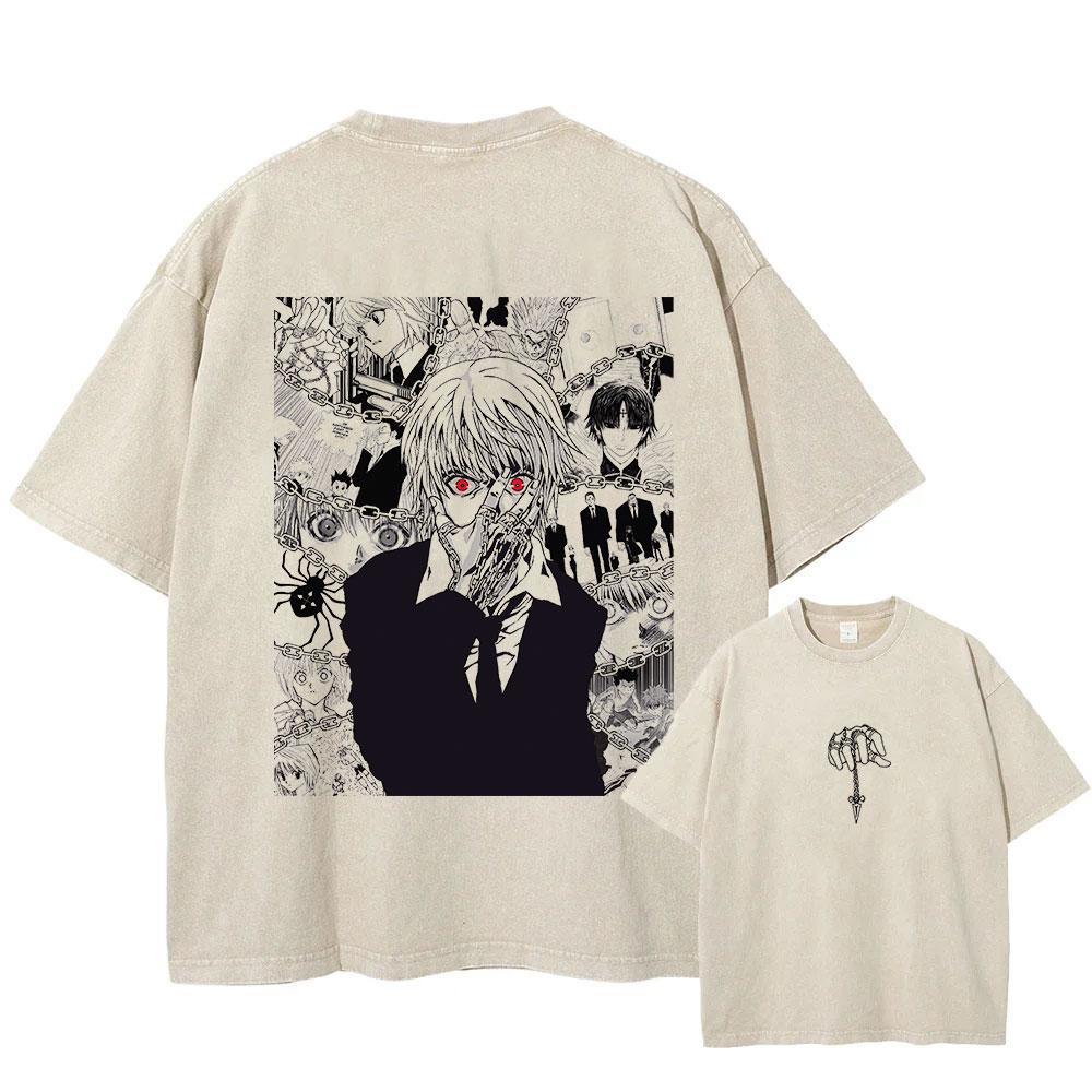 Hip Hop Retro Washed T-Shirt Streetwear Anime Hunter X Hunter Print Graphic T Shirt 100% Cotton Unisex Tshirt Men Tops