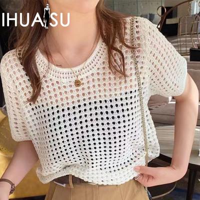 Hollow Top Women Summer Short Sleeve Knit Loose O-Neck Ice Silk Blouse Chic Mesh Tops