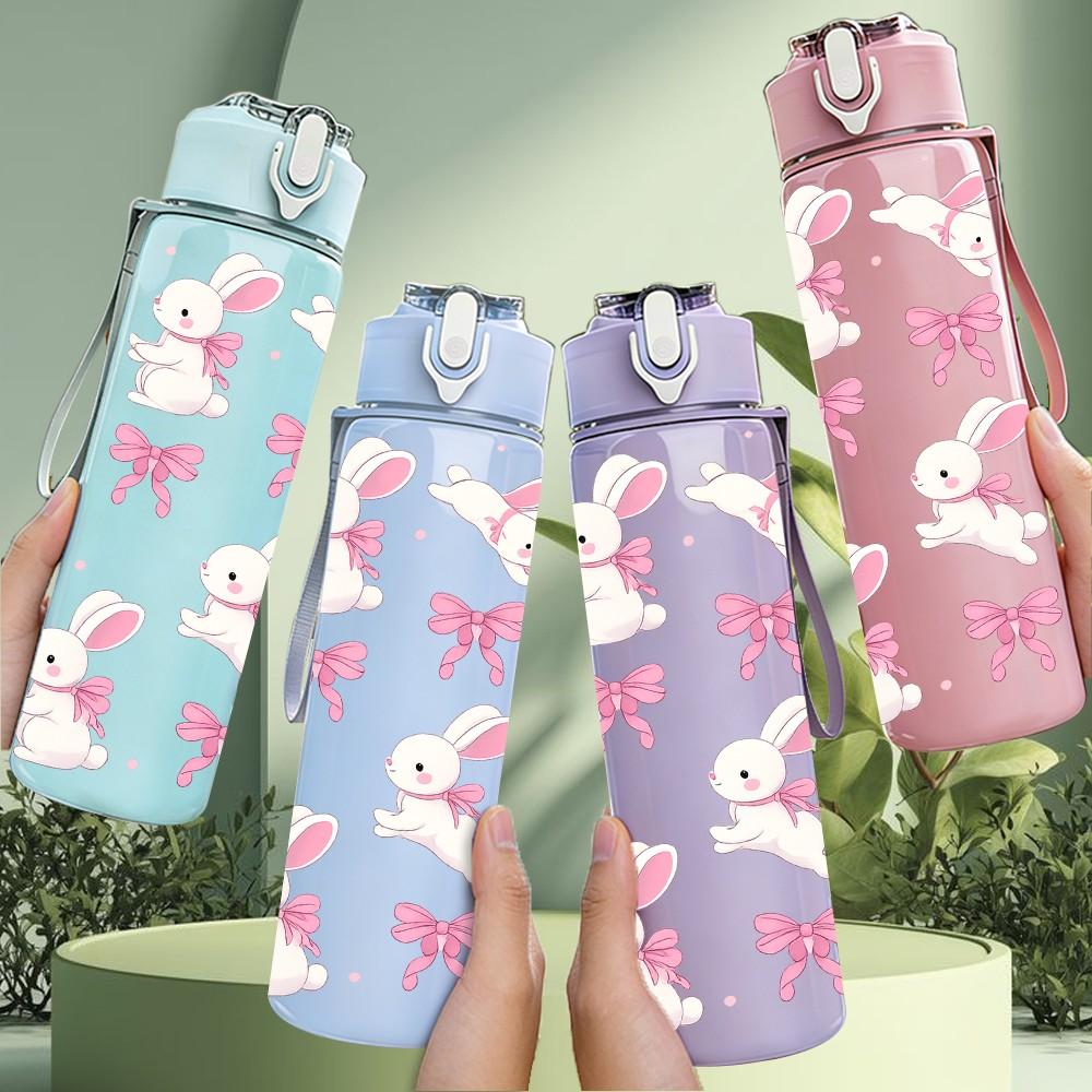 1PC Pink Bow Bunny Ribbon Pattern Print 750ml Color Plastic Sports Water Bottle Leakproof Flip Straw Lid Suitable for Sports Office Home Use