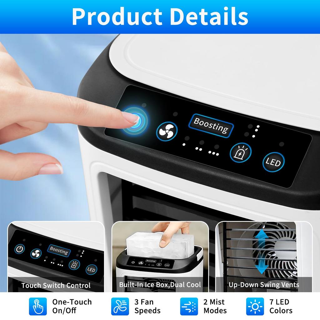 Portable Air Cooler: 900ML Water Tank 4-in-1 Evaporative Cooling Fan - Quiet 4-Speed with 2 Mist Settings for Bedroom Office Travel