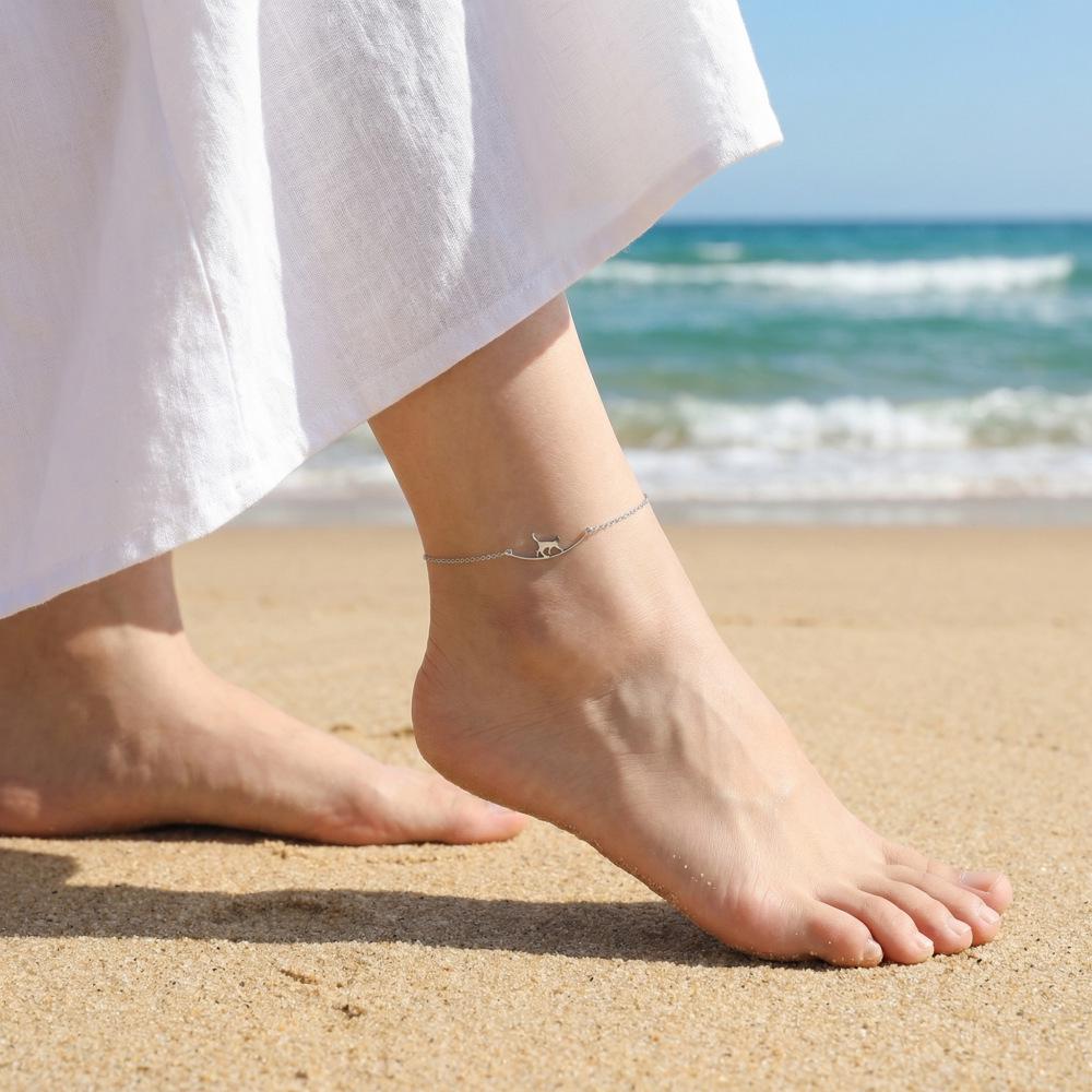 Trendy Korean Style Stainless Steel Cat Pendant Anklet - Summer Beach Accessory
