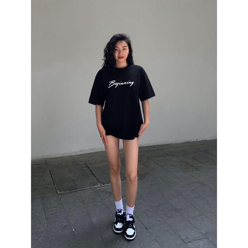 

Neva Summer round Neck Lettered Casual Short Sleeve T-Shirt Black In Stock M