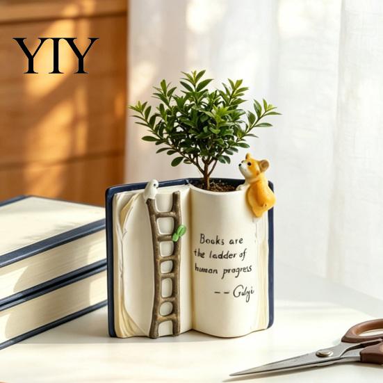 Artistic Reading Lover Gift Book Shaped Flower Pot, Creative Planter with Ladder Puppy And Bird Design for Versatile Balcony Decoration Succulents