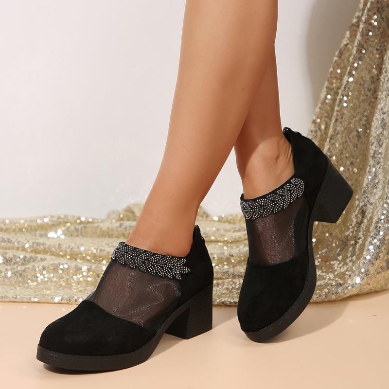 Comfortable and Versatile Mesh Single Shoes Women's New Spring and Summer Cutout Breathable Rhinestone Scrub Heels