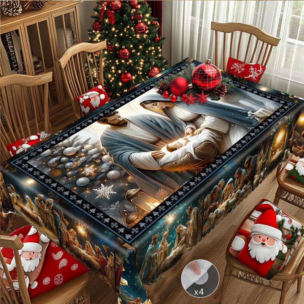 Christmas Vintage Farmhouse Tablecloth with Santa, Reindeer & Xmas Tree Prints. Rectangular & Round Sizes for Xmas/New Year Parties, Kitchen, Indoor &