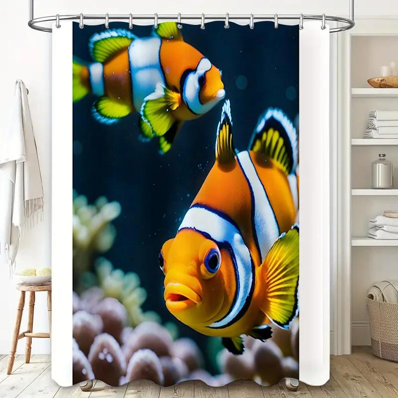 

Vibrant Fish Print Shower Curtain Bold Marine Life Design For Bathroom Decor. W60H190(CM)-1 Pcs