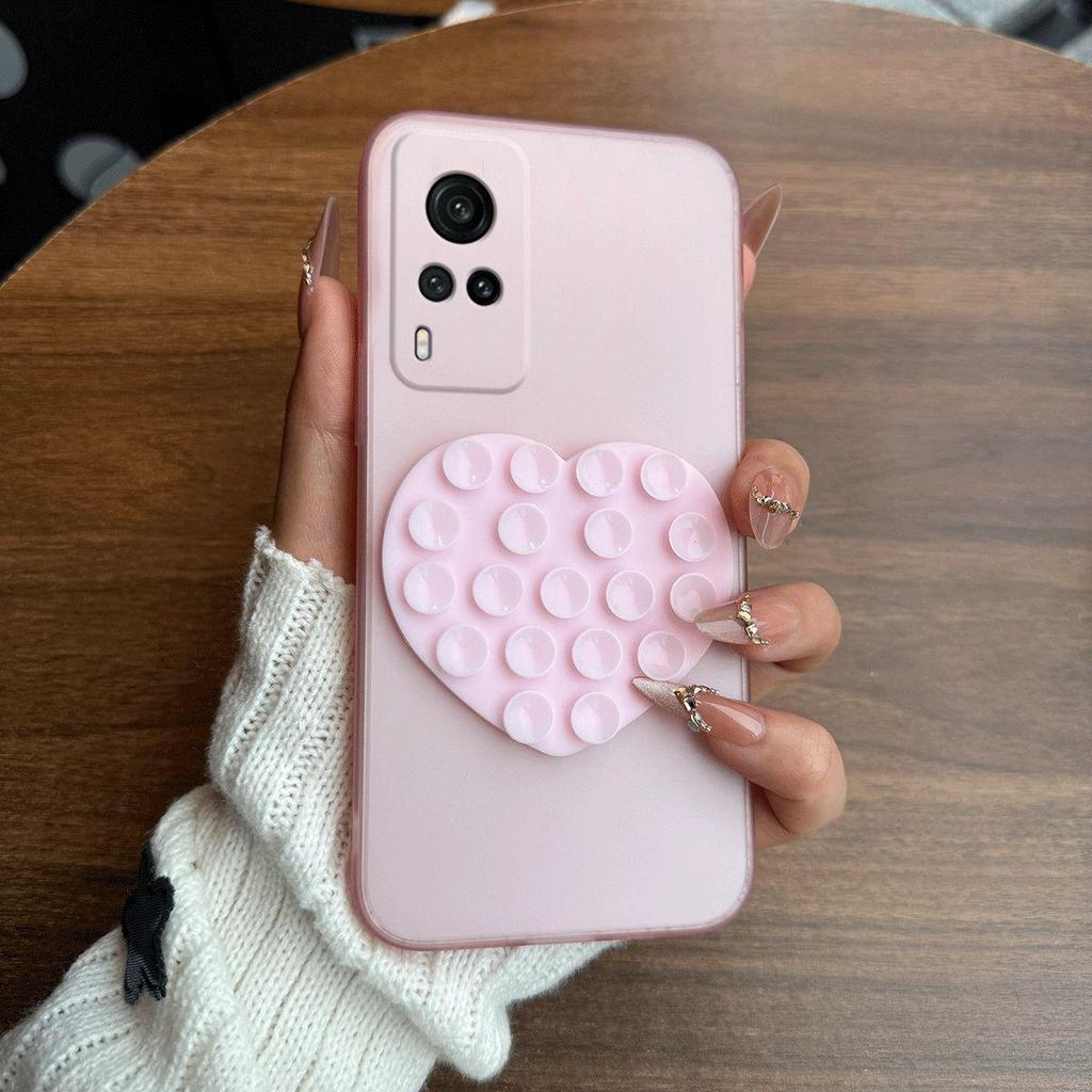 Heart Shape Suction Cup Phone Case for Vivo Y53s 4G,Y51,Y31 2020 Semi Transparent Matte Shockproof Soft TPU Cover
