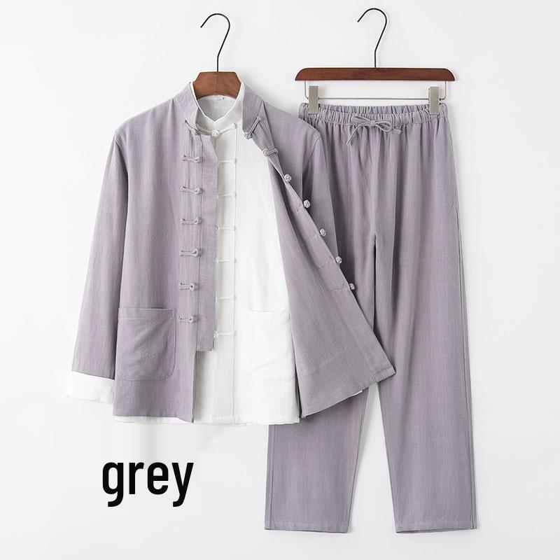 Мужской молодежный льняной костюм тан - китайский стиль, куртка Чжуншань, комплект ханфу M