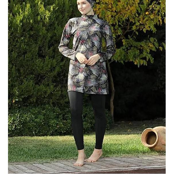 New Blue 2-piece Muslim Women's Modest Muslim Floral Print Seaside Swimwear Full Coverage Swimsuit Set Islamic Hijab Beachwear Burkini Swimsuit