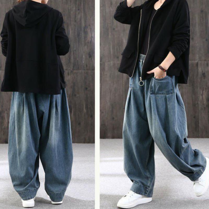 Volné Harlen džíny velkých rozměrů pro ženy na jaro, všestranné mrkvové kalhoty a trendy ležérní lampionové kalhoty