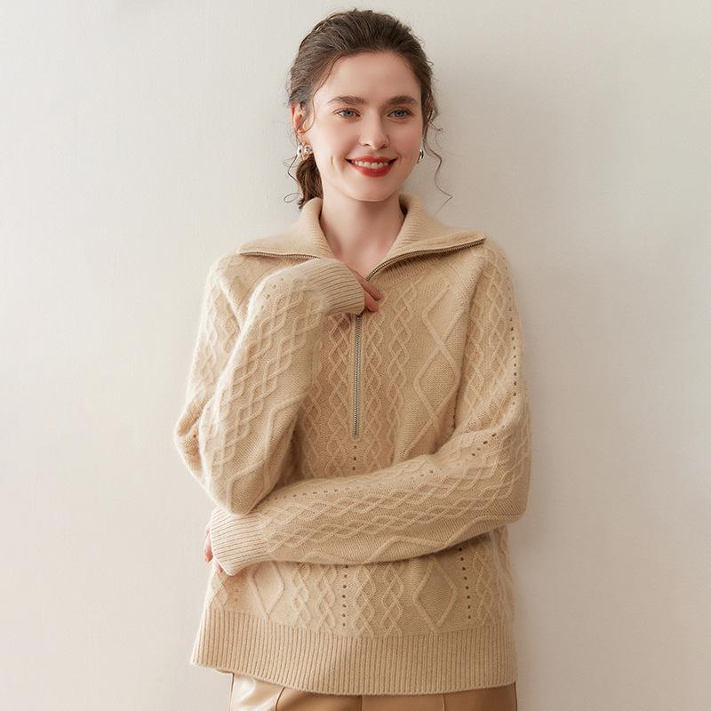 Thick Cable Knit Cashmere Half-Zip Lapel Sweater - Women's Polo Neck Base Layer, Autumn/Winter Korean Style.