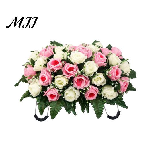 Long-lasting Memorial Flowers Artificial Cemetery Headstone Flower Saddle 34-Head Realistic UV-Resistant Fake Outdoor Bouquet Silk Rose Tombstone