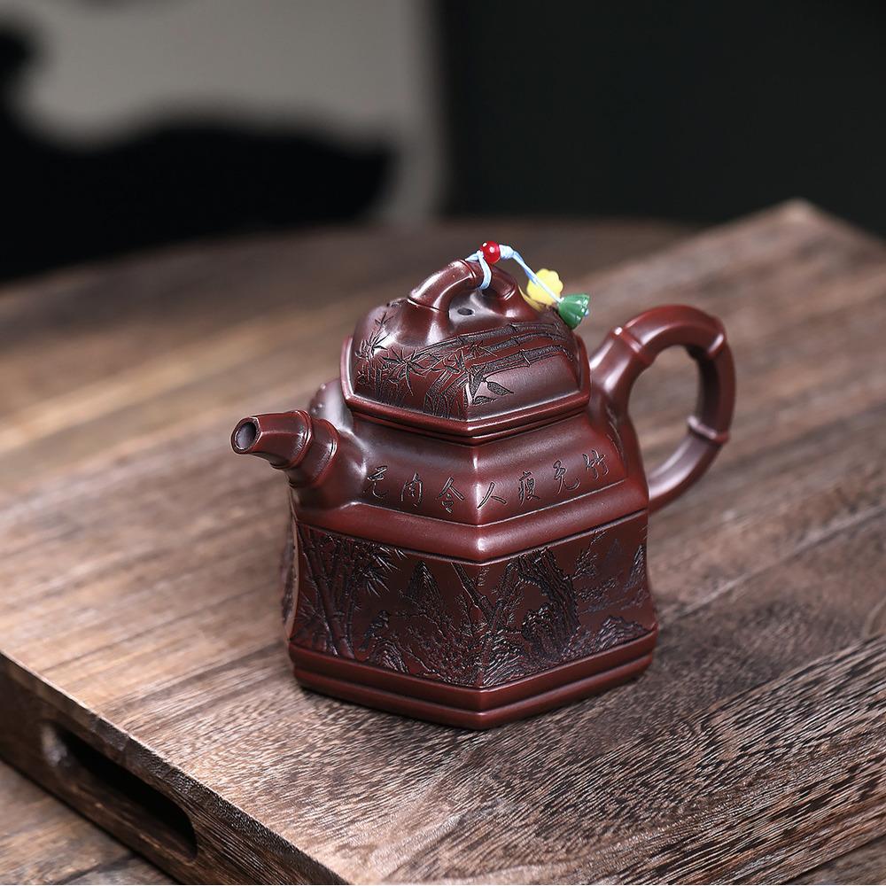 500ml Yixing Purple Clay Teapots Handmade Bamboo Tripod Pot Raw Ore Antique Brass Mud Tea Infuser Kettle Infuser Zisha Tea Set