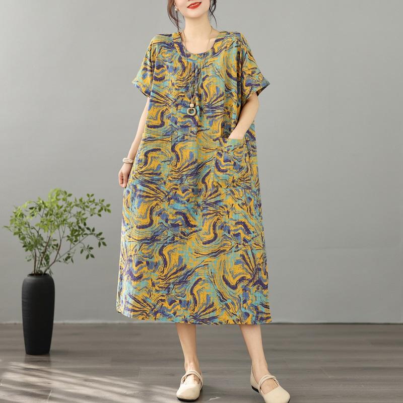 Short Sleeve Plus Size Cotton Linen Vintage Floral New In Dresses for Women Casual Loose Long Summer Dress