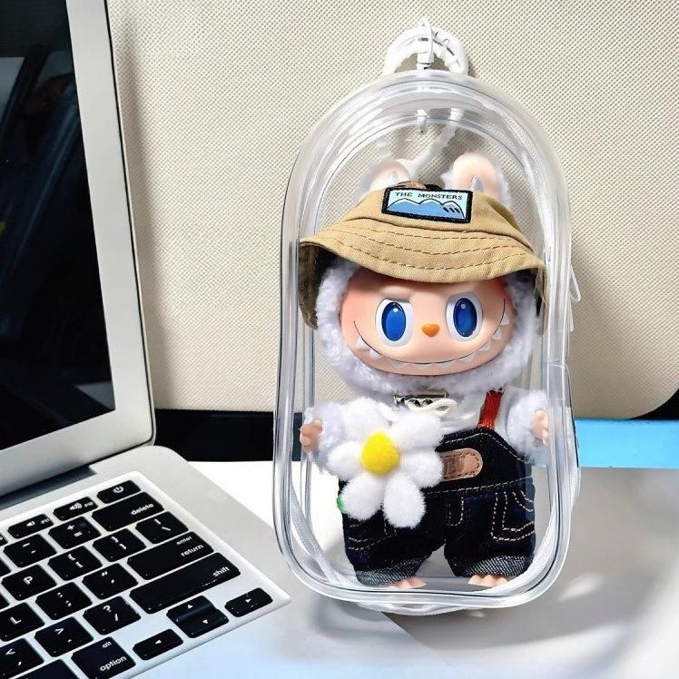 Clear Hard Case Organizer for Labubu Plush Dolls - Anti-Scratch Display Bag with Keychain Durable Travel Storage Box Accessories