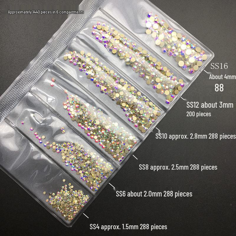 6-Grid Flat-Back Nail Art Rhinestone Set (1440pcs) - Mixed AB & Clear Glass Rhinestones Nail Decorations