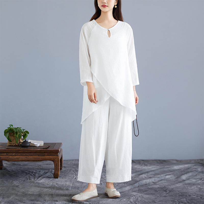Spring Buddhist Meditation Set: White Cotton-Linen Chinese Style for Sitting & Tea Rituals. 2XL