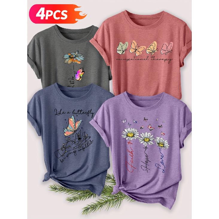 Four-piece set of elegant short-sleeved tops for women Butterfly and floral print fashion retro style women s casual sports top for spring, autumn, S