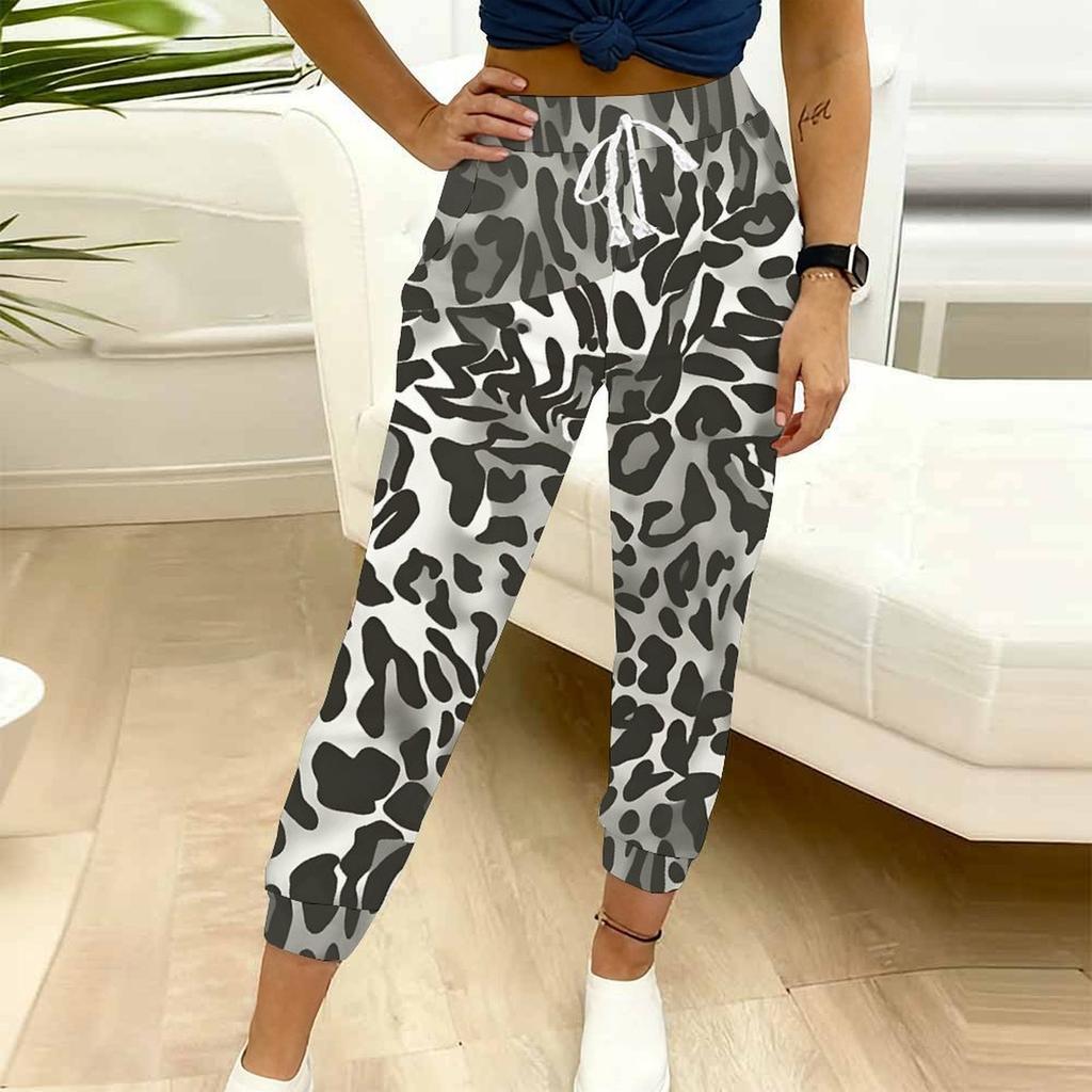 Summer Ladies Leopard Print Printed Sweatpants Loose Fit Drawstring Joggers Elastic Cuff Daily Casual Pants