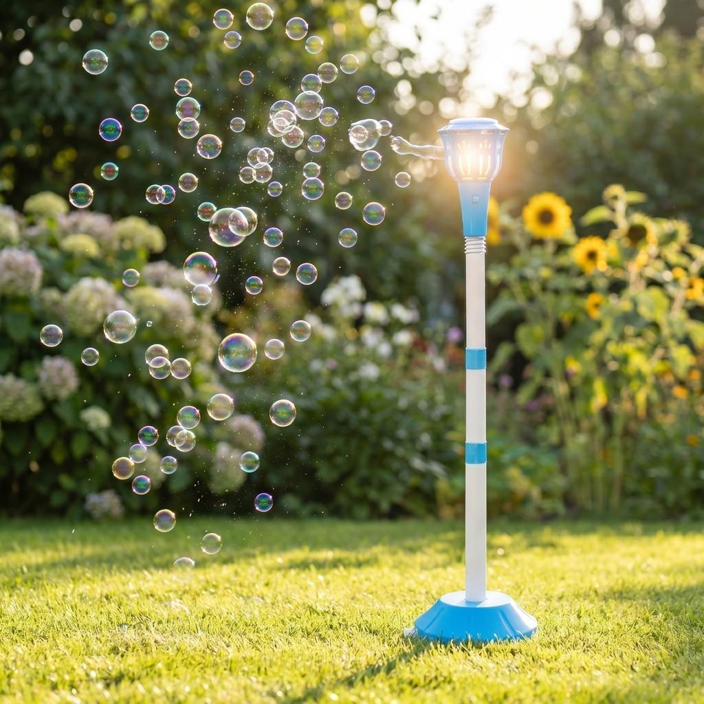 Outdoor Bubble Machine with Light and Standing Pole Automatic Bubble Blower Toy for Kids and Parties Easy to Use Durable Design